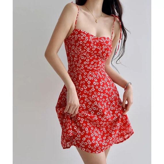 Short red floral dress sale