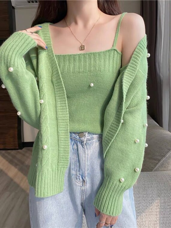 BlancoAndBarley Lilac / Purple / Green / Cream Soft Knit Crop Top and Cardigan Set | Y2k Clothing Korean Fashion Cottagecore Milkmaid | 70s 80s 90s Vintage
