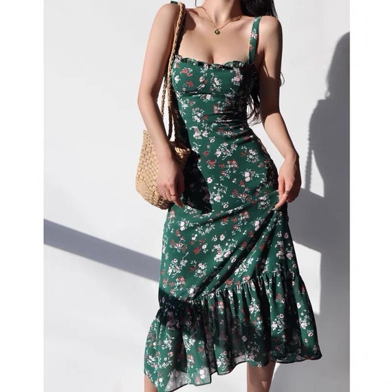 Emerald Green Floral Midi Dress Pink Mini Flowers Y2K Cottage Core
