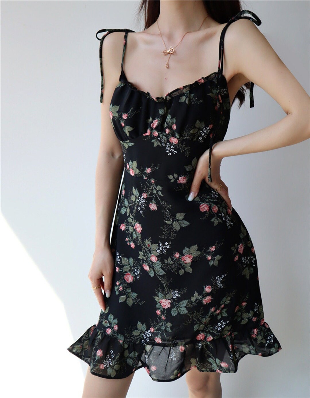 Vintage Black and Pink Roses Mini Dress Y2K Clothing - Etsy