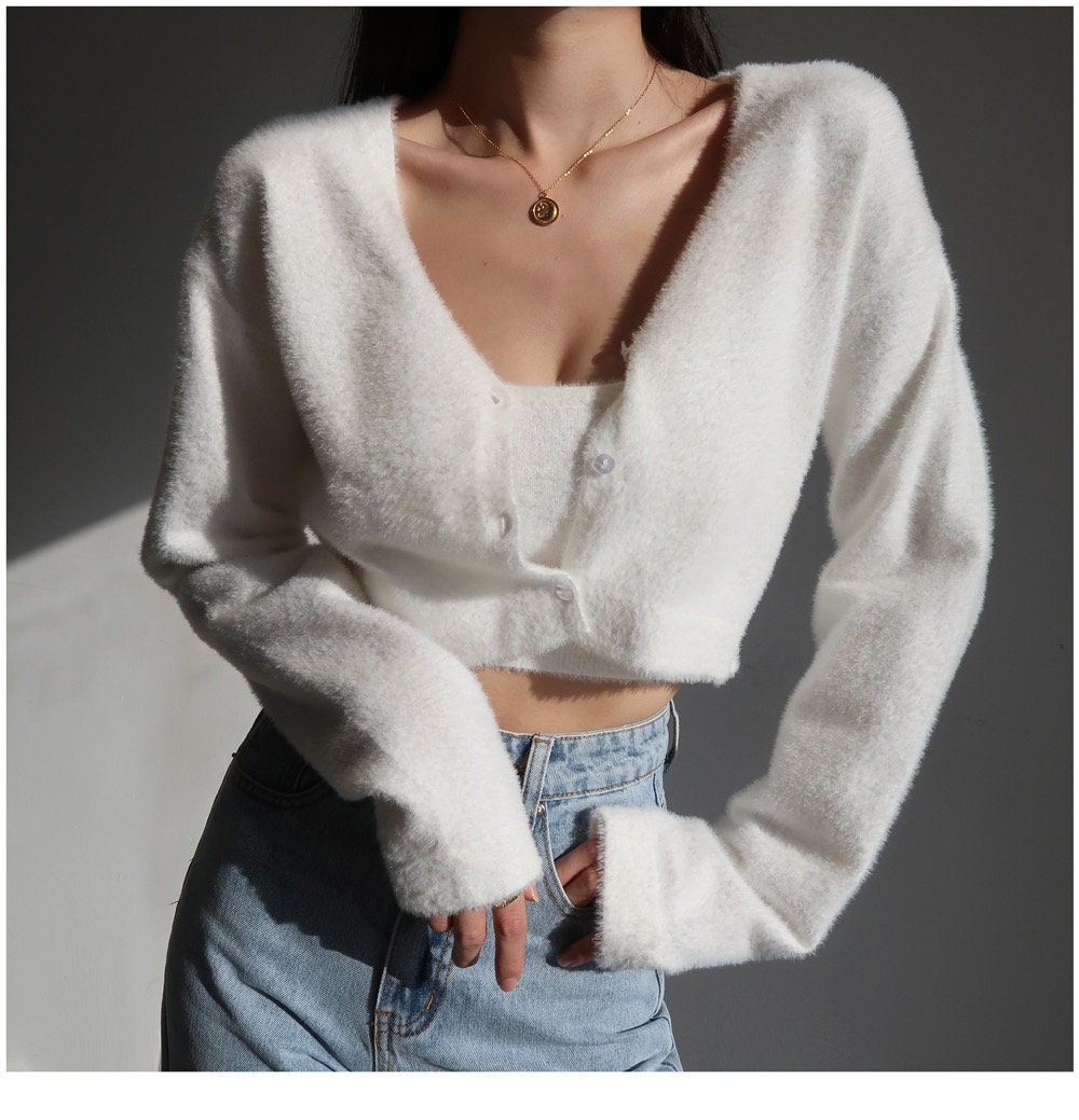 White / Baby Blue Soft Knit Cardigan Set Y2K Clothing Etsy