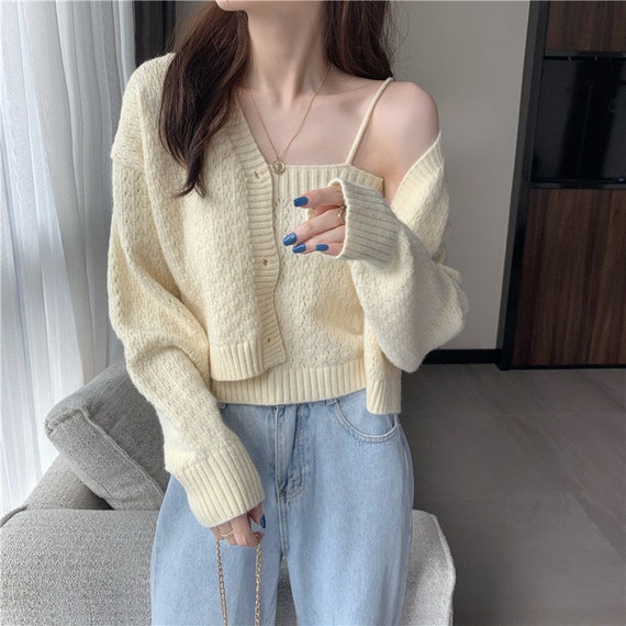 Cream Soft Knit Crop Top and Cardigan 