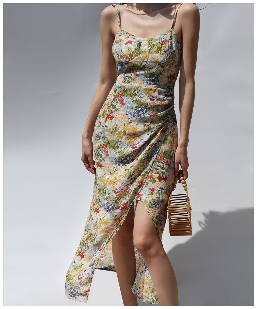 Vintage Colourful Floral Split Midi Strap Dress Y2K Clothing - Etsy Sweden