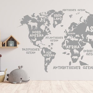 Children's world map, wall sticker, wall decal, children's room, animals, baby room, children's room decoration, wall sticker, world map, door sticker, film