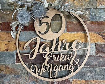 Anniversary wreath with dried flowers, anniversary, 25 years, 50 years, gold wedding, silver wedding, wedding anniversary, personalized, gift