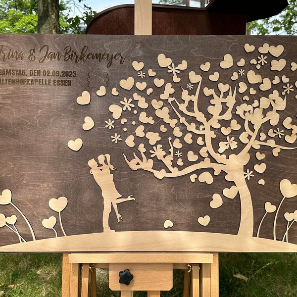 Gästebuch Baum Hochzeit, mit 3D Effekt aus Echtholz, 90 x 60 cm, Hochzeitsbaum