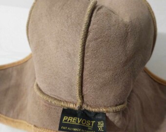 PREVOST suede beige shearling lined winter sheepskin hat size XL