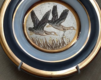 Traditional Beauty CHOKIN ART 6 1/2" 24K edged Gold Ducks flying over pond