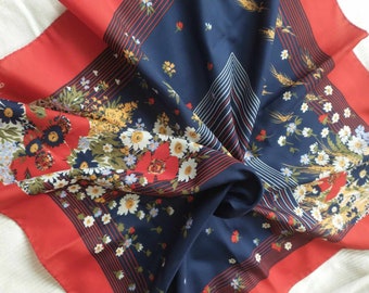 Vintage 70s LEONARDI scarf with red, navy and white  floral and  geometric motifs