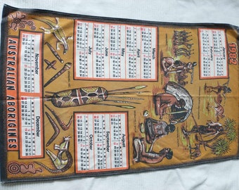 vintage printed Australian Aborigines tea  towel,  with a printed 1982 calendar