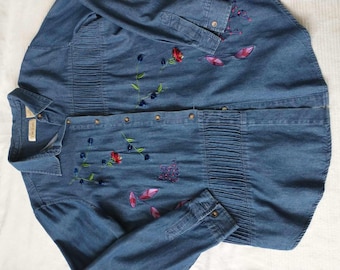 80s 90s Bobbie Brooks Size L Embroidered Denim Fitted Shirt Blouse
