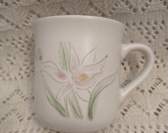 Vintage Hand Painted Floral Korean Stoneware Mug Brown Rimmed Pink Flower Retro Kitchen