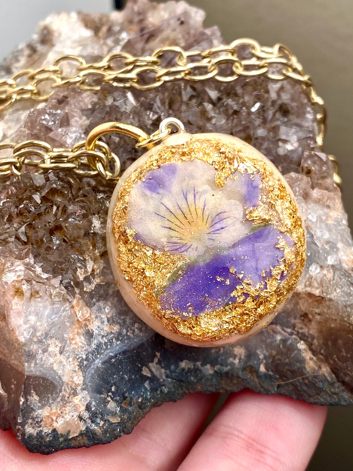 Clay pansy pendant resin necklace Etsy