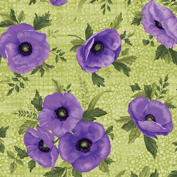 Midnight Poppy Green & Purple Fabric, Benartex Fabrics, 100% cotton