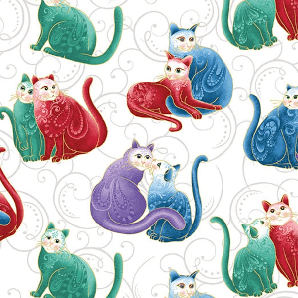 Cat-i-tude Mini Scroll Cats White Fabric, Benartex Fabrics, 100% cotton