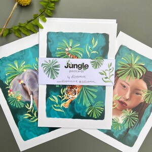 Postales de la Selva - Mini Impresiones de la Selva - Postal Ilustrada de Hojas de Dama Elefante Tigre - Pinturas de Animales A6 - Paquete de 3 o Tarjeta Individual
