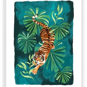 Jungle Tiger Giclée Print -  Jungle Themed Giclée Prints on Fine Art Paper - Tiger Leaves Illustrated Painting - A4 Jungle Animal Paintings