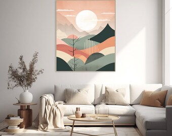 Arte de pared boho de mediados de siglo, póster de montañas, formas minimalistas