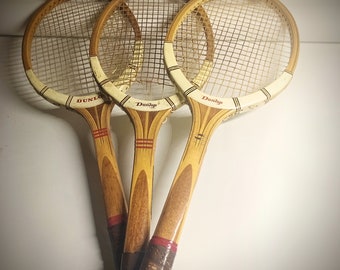 Set of THREE 1970's vintage used wooden tennis rackets Dunlop MAXPLY for deco or refurbish! (New strings needed) Three of a kind