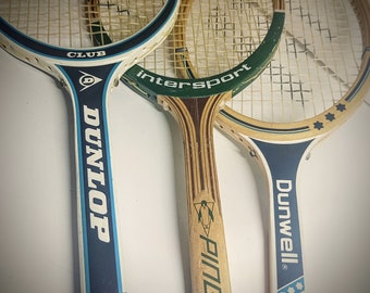 Set of THREE vintage wooden tennis rackets Dunlop Club+Rucanor Dunwell and Intersport Pinguin