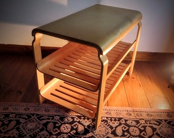 RARE mesa auxiliar Ikea Kantra 1999 zapatero de madera contrachapada estilo alvar Aalto diseñado por Richard Clark bercha de madera contrachapada doblada