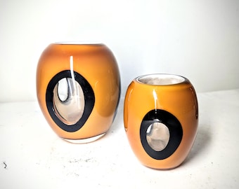Rare Vintage SET OF TWO 1980s Dreamlight Mediterana German Amber/orange/black Glass Tealight Holder 80s Retro Mid Century Style