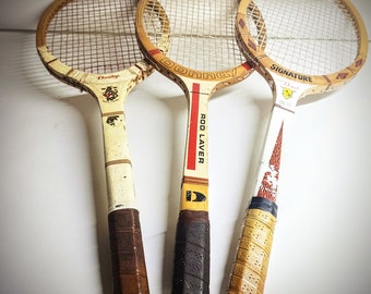 Set of THREE vintage used wooden tennis rackets 1970's Dunlop 'Three crown'/Donnay Rod Lever swingers/Scott Daniels Signature