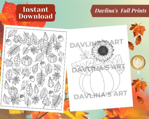 Fall Coloring Printable Pages Set of 2 Hand drawn PDF and