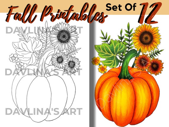 Set of 12  Fall Printable Coloring Pages for Adults and