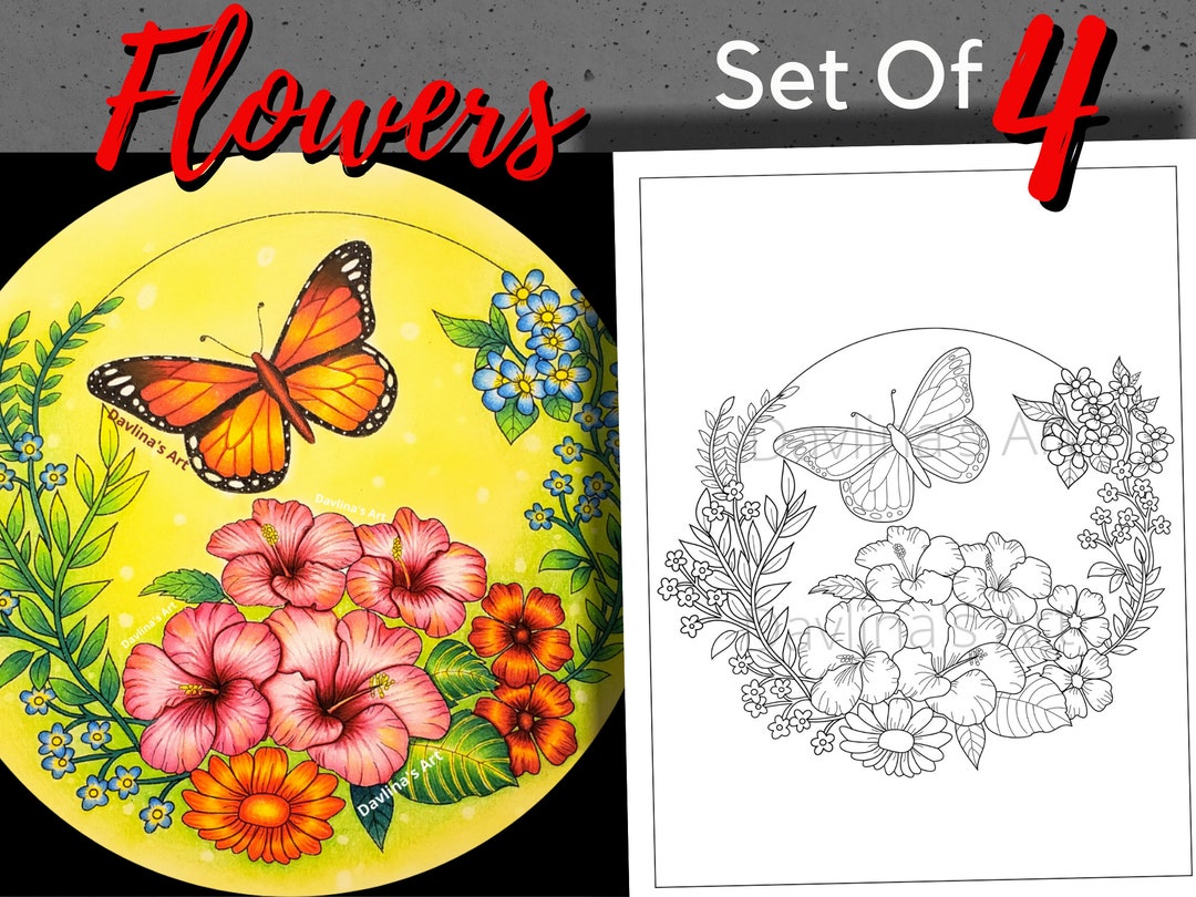 Set of 4 Flowers, Adult Coloring Printable Pages, Butterfly PDF ...