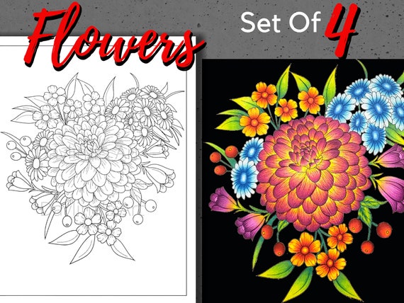 Set of 4 Flowers, Adult Coloring Printable Pages, Butterfly PDF