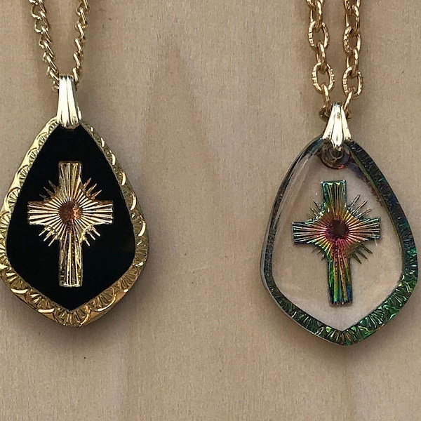 Intaglio Cross on Vintage German Pendant, Gold Leaf on Black or Clear Glass Heliotropic Multicolor