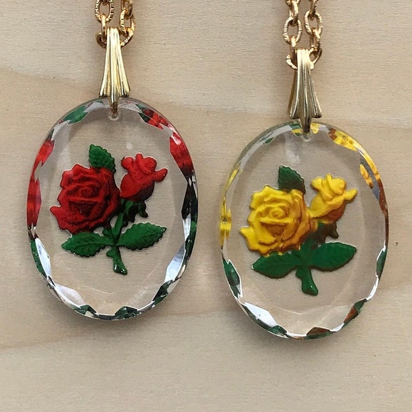 Red or Yellow Rose on Vintage German Clear Glass Intaglio Pendant