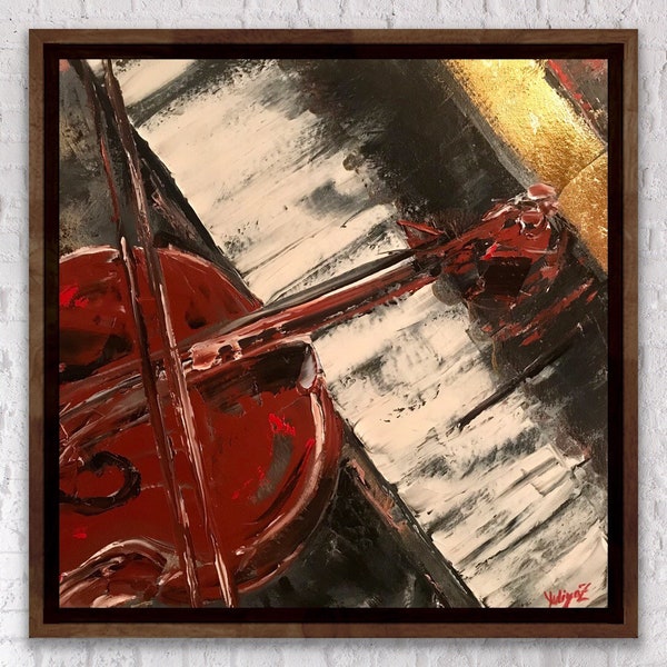 Concerto Original Oil Painting Square Large 18x18 Wall Art Golden Piano Violin Cello Musical Instruments Music Living Room Decor Pianist