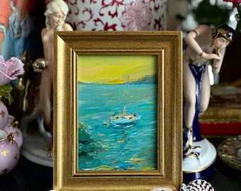 Anchored in Spain Seascape 5x7 Inches Original Oil Painting By YuliyaZart Nautical Impressionistic Sunset Art In Gold Frame Sailing Boat