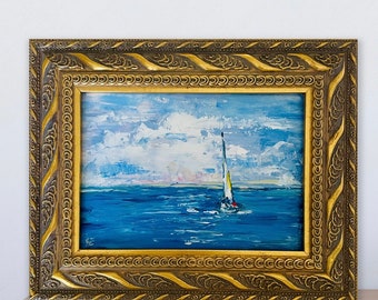 Peaceful Ocean Sailing Seascape 5x7 Inches Original Oil Painting By YuliyaZart Impasto Impressionistic Wall Art In Gold Ornate Vintage Frame