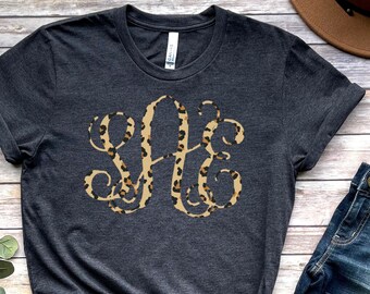Monogram Shirt, Leopard Monogrammed Shirt, Leopard Monogram, Vine Monogram tee, Custom Monogram Shirt, Leopard Vine Monogram Shirt, Mom Gift