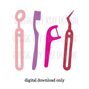 Arquivo SVG de instrumentos odontológicos e escova de dentes, download digital para Cricut ou Silhouette (inclui .jpg .svg .png .pdf) higienista dental, dentista