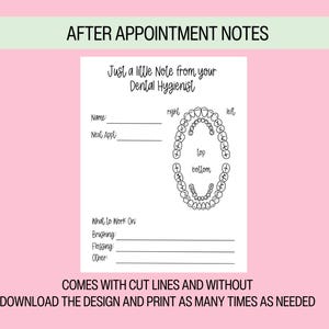 Notas de citas de higiene dental para entregar a los pacientes disponibles como descarga digital instantánea para higienistas dentales, se pueden imprimir o digitalizar