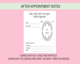 Dental Hygiene Appointment Notes to give to patients available as instant digital download for Dental Hygienists, can be printed or digital