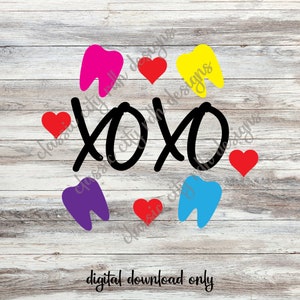 Arquivos Dental Valentines Day Tooth XOXO SVG, download digital para Cricut ou Silhouette (inclui .svg .png .jpg .pdf .dxf)