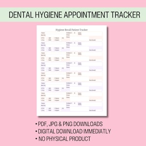 Seguimiento de citas de higiene dental para pacientes disponible como descarga digital instantánea para higienistas dentales, se puede imprimir o digitalizar