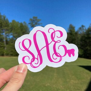 May include: A white sticker with a pink monogram "SAE" and a pink tooth graphic. The sticker is held in a hand against a blurred background of green grass and a blue sky.