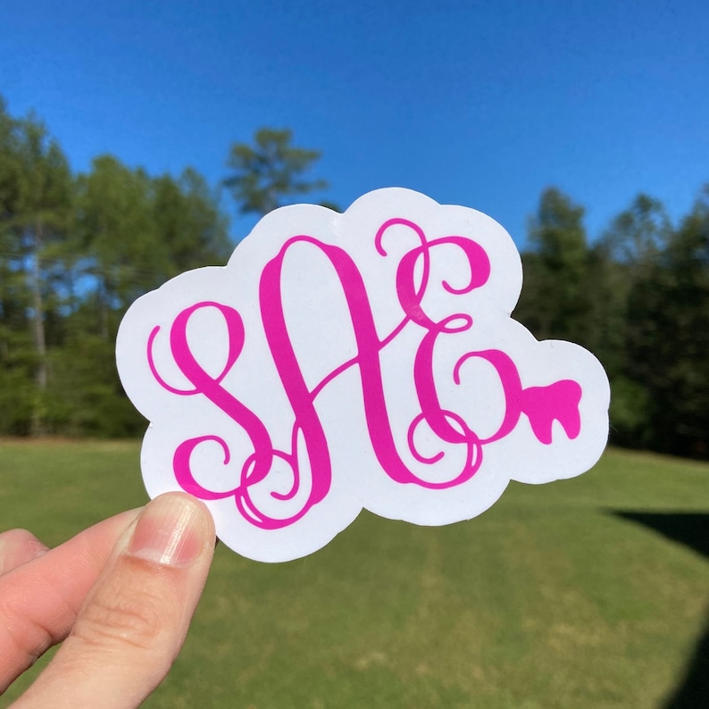 May include: A white sticker with a pink monogram "SAE" and a pink tooth graphic. The sticker is held in a hand against a blurred background of green grass and a blue sky.