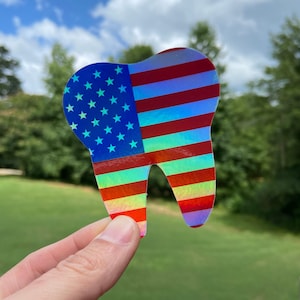 Holographic Tooth American Flag, UV Resistant, Waterproof, Tooth Dental, Hygienist, Dental Student gift, Dentist Gift, Assistant