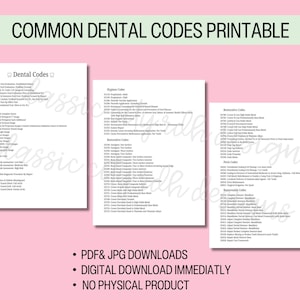 Tandartsverzekeringscodes Afdrukbare meest gebruikte CDT-codes Directe digitale download voor tandheelkundig personeel om af te drukken of digitaal te gebruiken