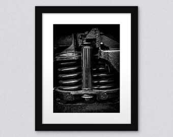 Industrial Railroad Wall Art Print | Black & White Train Suspension Photography | Masculine Mechanical Fine Art Decor