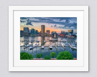Baltimore Inner Harbor Skyline Drone Photo Gallery Wall Art Print
