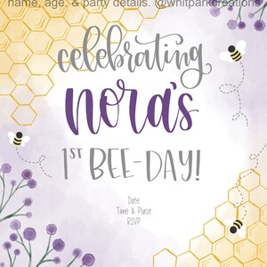Birthday invitation — digital download — custom invite — purple lavender floral bee theme bee-day -- first birthday -- party -- calligraphy