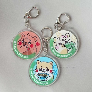 May include: Three clear acrylic keychains with cartoon animal designs. One features a brown bear with the text "#OPEN TO PRAISE", another a white bear with money and "#OPEN TO BRIBERY", and the last a cat with food and "#OPEN TO FREE FOOD". Each has a silver keyring.